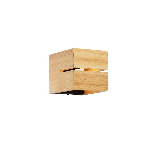 Moderne Wandleuchte aus Holz in kubischer Form mit schmalem Lichtauslass.