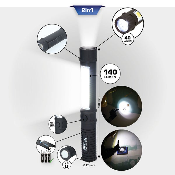 Brilliant Tools 2-in-1 Inspektionsleuchte mit 140 Lumen Seitenlicht, 40 Lumen Frontlicht, Magnet, Gürtelclip, 168 Millimeter Länge.
