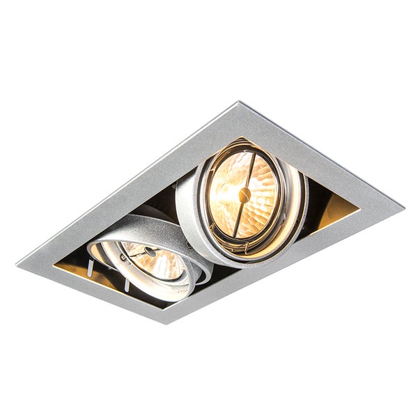 Rechteckiger zweiflammiger Einbaustrahler aus Metall in Silber mit zwei schwenkbaren Spots.