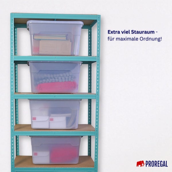 Regal mit vier transparenten Aufbewahrungsboxen für zusätzlichen Stauraum