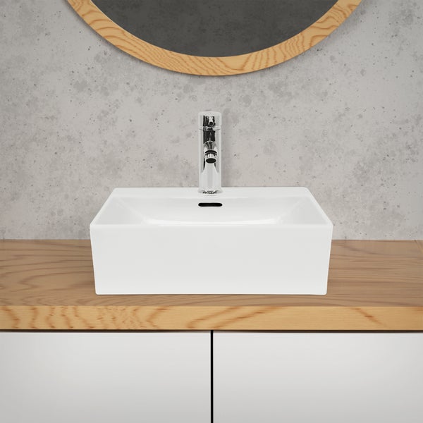 ECD Germany Waschbecken Waschtisch 415x360x130 mm aus Keramik Eckig Weiß - Aufsatzbecken Aufsatzwaschbecken Handwaschbecken Aufsatzwaschtisch Spülbecken Becken Wasserfall Waschschale Waschschüssel