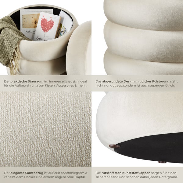 Sitzhocker mit Stauraum tectake Altu 42 x 42 x 47 cm rund Samtoptik creme-weiß