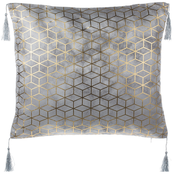 Quadratisches Zierkissen mit geometrischem Würfelmuster und dekorativen Quasten an den Ecken.