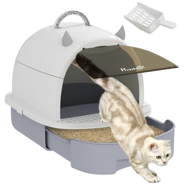 PawHut Katzentoilette mit Haube, ausziehbarer Schublade, Schwingtür, Streuschaufel und Katze.