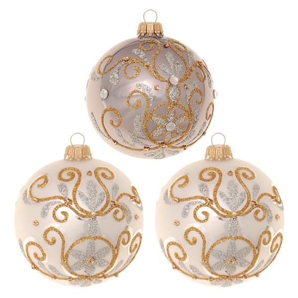 Chabli/Grau glanz 8cm Glaskugelsortiment, mundgeblasen, handbemalt, 3 Stck., Weihnachtsbaumkugeln, Christbaumschmuck, Weihnachtsbaumanhänger