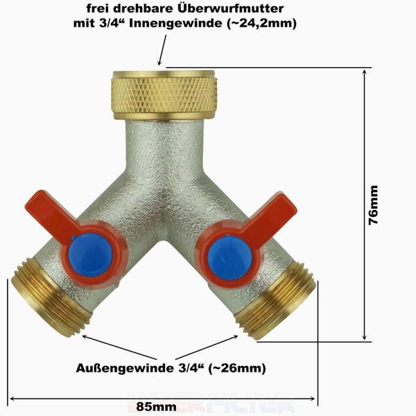 Y-Verteiler für Wasserhähne mit 3/4 Zoll Überwurfmutter und zwei einzeln absperrbaren 3/4 Zoll Außengewinden aus Metall