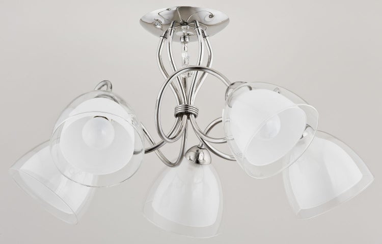 Moderne Deckenleuchte mit 5 Lichtquellen, Metallgestell mit Glaselementen fuer Wohnraeume