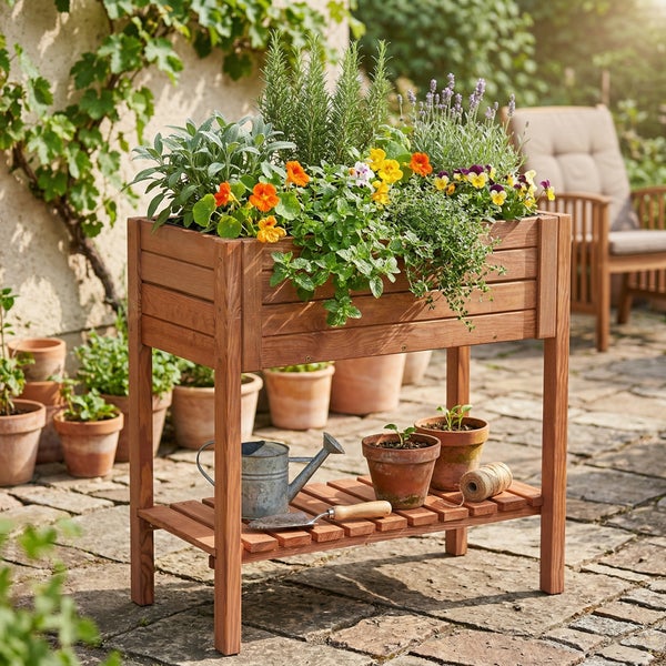 Hochbeet aus Holz mit Ablageboden, Maße 80 Zentimeter Höhe, 80 Zentimeter Breite und 40 Zentimeter Tiefe sowie 25 Zentimeter Pflanztiefe.