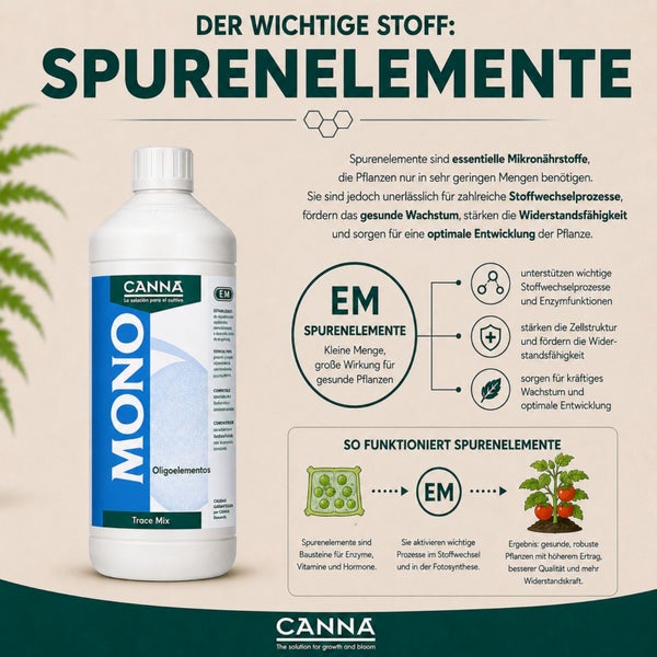 Infografik zu Canna Mono Spurenelemente Pflanzendünger mit Produktflasche, Erklärung der Wirkungsweise und Canna Logo am unteren Bildrand.