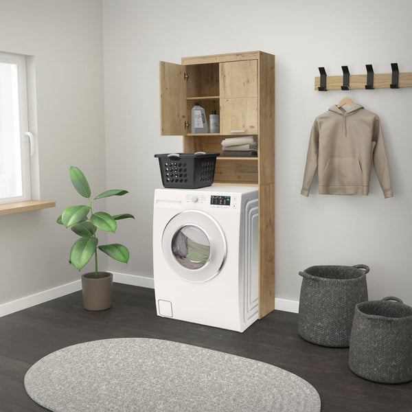ECD Germany Waschmaschinenschrank mit 2 Türen und 2 offenen Fächern, 187,5x63 cm, Eichenoptik (Asteiche), Waschmaschine/Trockner Badezimmerschrank Hochschrank Badschrank Badregal Waschmaschinenüberbau