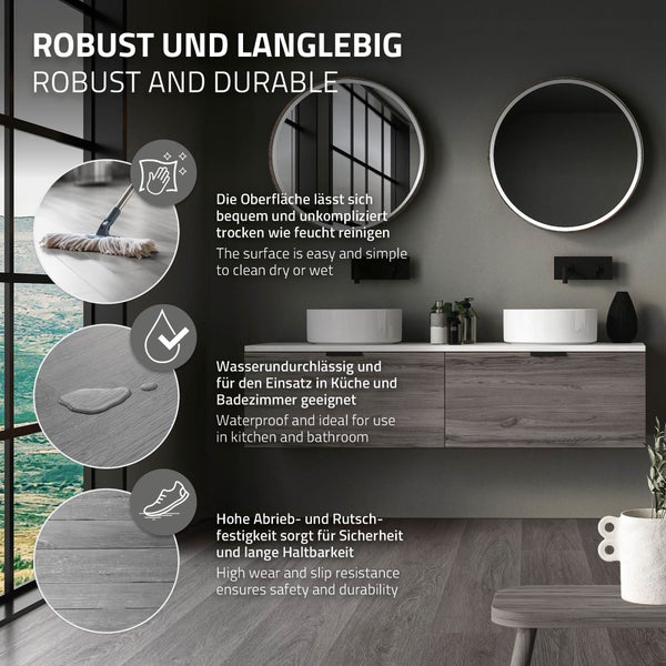 ML-Design Deluxe PVC Bodenbelag, Click Vinyl-Dielen, Vinylboden, 122 cm x 18 cm x 4,2 mm, Dicke 4,2mm, 7,7m²/35 Dielen, Windswell Hickory Eiche Holzoptik, Grau, modern, wasserfest, Belastungsklasse 34