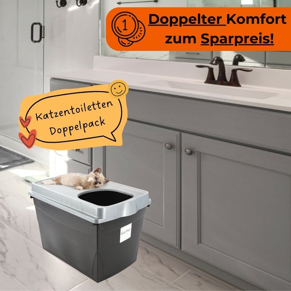 Katzentoilette im Badezimmer mit einer Katze darauf.