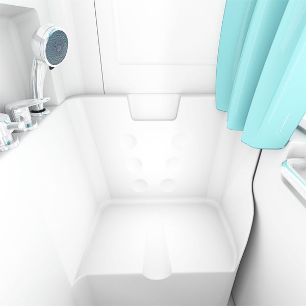 Weiße Komplettdusche mit integrierter Sitzgelegenheit, Handbrause, Armatur und türkisfarbenem Duschvorhang.