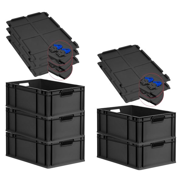 PROREGAL SuperSparSet 5x Eurobox NextGen Grip mit Scharnierdeckel und blauen Schiebeschnappverschlüssen, HxBxT 22x40x60cm, 44 Liter, Schwarz, Griffe offen, Verstärkter Boden, Eurobehälter, Transportbox, Transportbehälter, Stapelbehälter