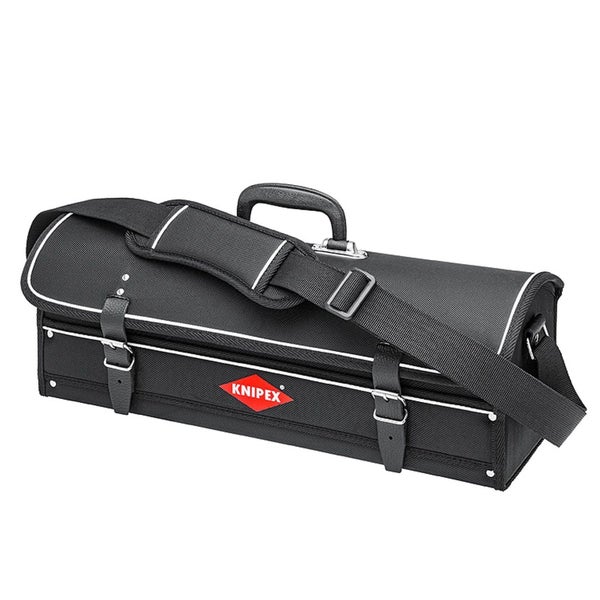Knipex Werkzeugtasche aus schwarzem Gewebe mit Schultergurt, Tragegriff und Riemenverschlüssen, Knipex Logo.