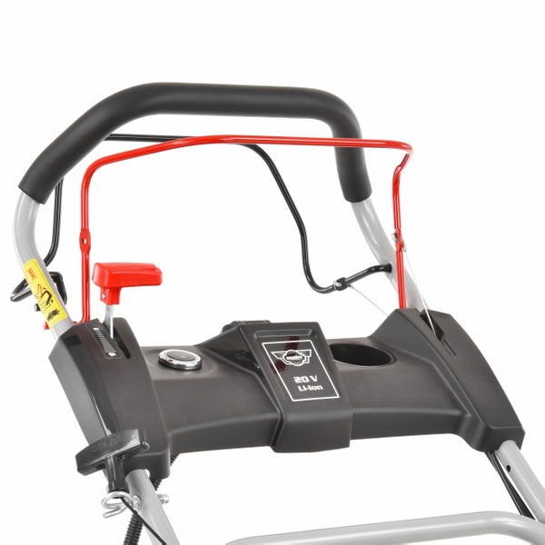 Bedienpanel und Holm eines Hecht Akku-Rasenmähers mit Hecht Logo, 20 Volt Lithium-Ionen-Akku, Startknopf, Sicherheitsbügel und Seilzugstarter.