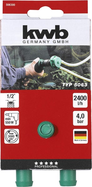 kwb Maxi-Pumpe P63 Bohrmaschinen-Pumpe 2400 l/h, selbstansaugend, Schlauch-Anschluss 1/2'', z. Befestigung von 44593 Zoll-Schlauch mit Schlauch-Schellen, Made in Germany