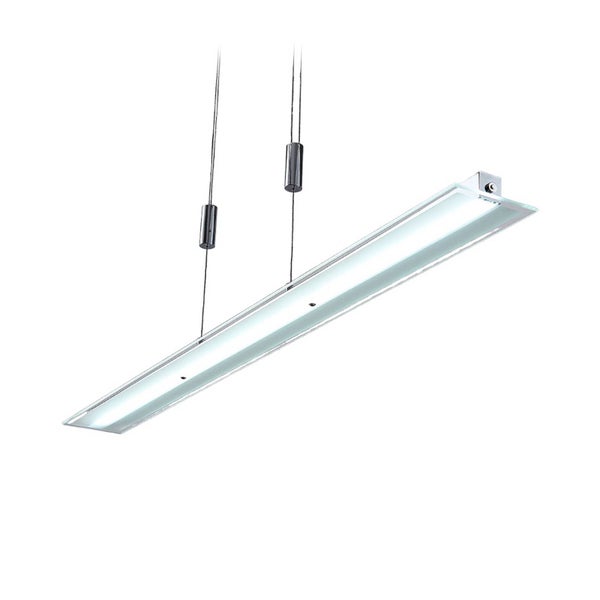 Moderne, flache LED-Pendelleuchte aus Glas und Metall, höhenverstellbar durch ein Seilzugsystem.