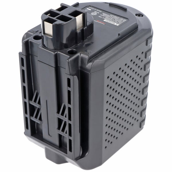 Akku für Elektrowerkzeuge aus schwarzem Kunststoff mit Steckverbindung.