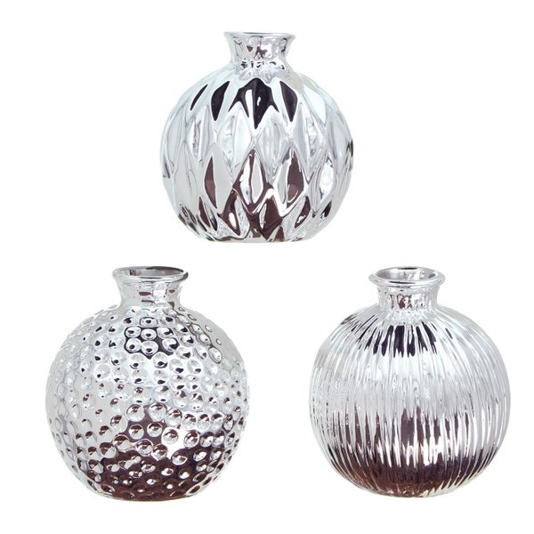 FRANK FLECHTWAREN | Dekovase Silberschein, 3er Set, PORZELLAN, Ø 8 x 9 cm