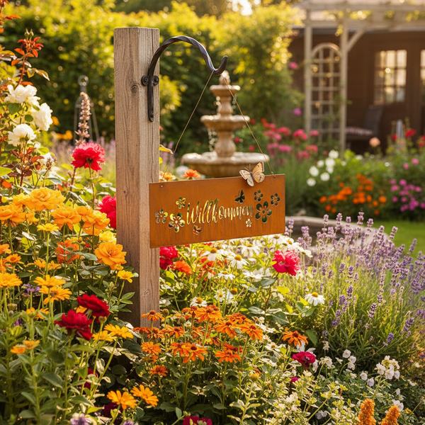 Holzpfosten mit einem Willkommensschild aus Metall in einem blühenden Garten mit Blumen und Springbrunnen.