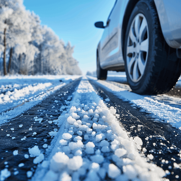 Auto mit Winterreifen auf einer verschneiten Straße mit Streusalz.