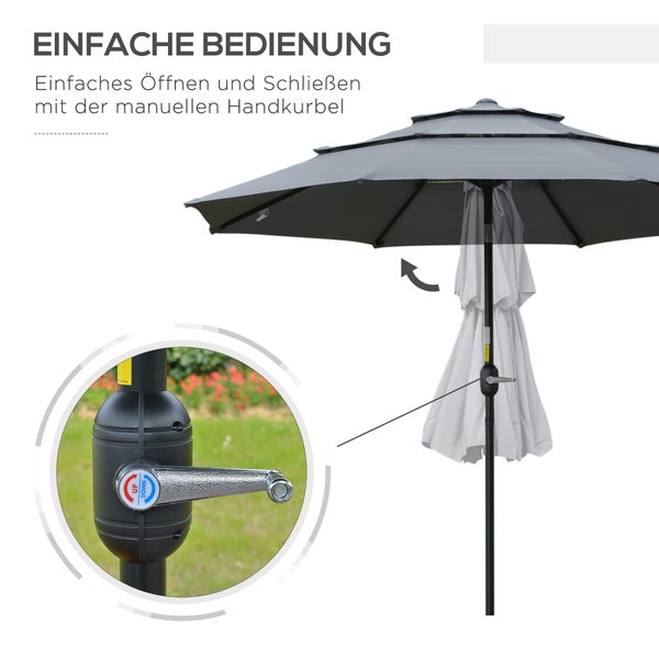 Outsunny 2,6 m Sonnenschirm mit 3-stufigem Dach Handkurbel Terrassenschirm drehbar Marktschirm 8 Rippen Gartenschirm mit Sonnenschutz Stahl Polyester Dunkelgrau