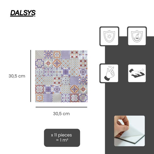 Dalsys Logo. Selbstklebende Wandfliesen mit Orient-Muster, 30,5 mal 30,5 Zentimeter, 11 Stück pro Quadratmeter, ultraviolett- und wasserbeständig.