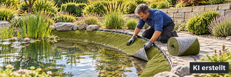 Ein Mann verlegt eine Ufermatte aus Vlies am Rand eines Gartenteichs, um den Übergang zum Garten zu begrünen und den Teichbau zu unterstützen.