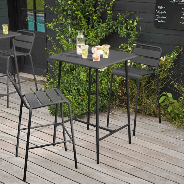 Modernes anthrazitfarbenes Gartenmöbel-Set aus Metall mit Stehtisch und Barstühlen auf einer organisierten Holzterrasse.