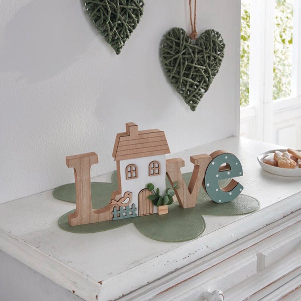 FRANK FLECHTWAREN|Schriftzug Love mit Häuschen, 30 x 2 x 15 cm, MDF, KUNSTSTOFF