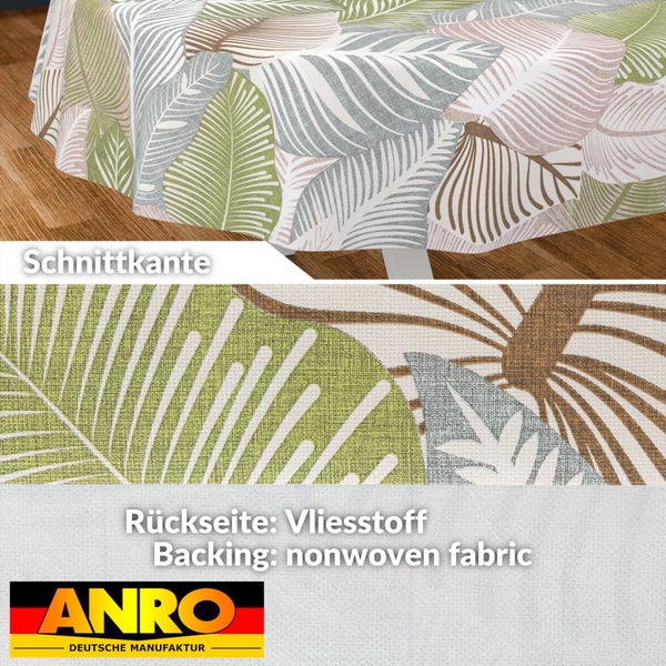 Tischdecke mit Blattmuster, Schnittkante, Vliesrückseite und ANRO Logo.