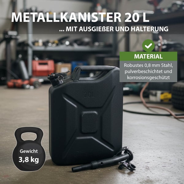 Metallkanister 20 Liter aus 0,8 Millimeter Stahl, pulverbeschichtet und korrosionsgeschützt, inklusive Ausgießer und Halterung, Gewicht 3,8 Kilogramm.