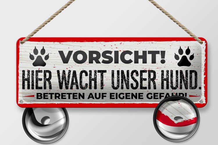 Blechschild Spruch 27x10cm Vorsicht! Hier wacht unser Hund!