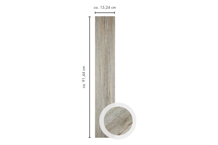 Vinylplanke mit Holzoptik, circa 91,44 Zentimeter mal 15,24 Zentimeter, inklusive Maßangaben und Detailansicht der Oberflächenstruktur.