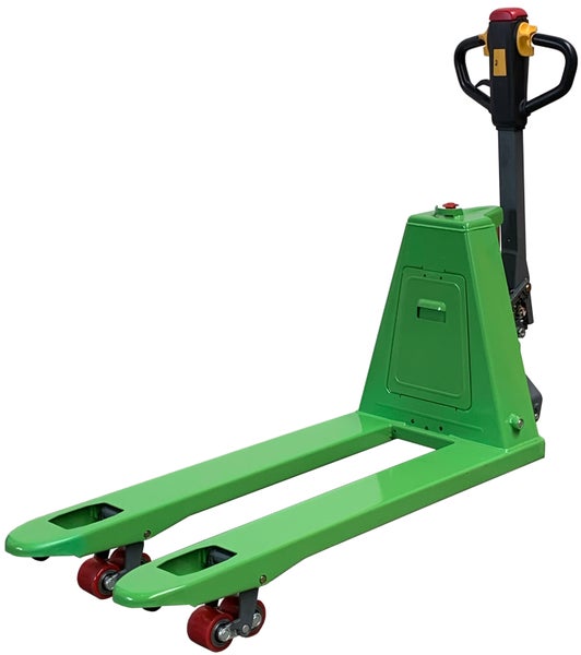 Elektro-Hubwagen in Grün mit ergonomischem Deichselgriff und roten Rollen für den Palettentransport.