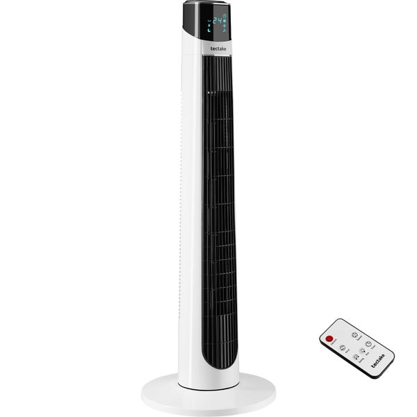 Weißer Turmventilator von tectake mit schwarzem Gitter, LED-Display und Fernbedienung, oszillierend, drei Geschwindigkeitsstufen.