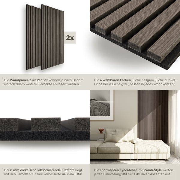 Akustikpaneele tectake Sonic Wall je 60 x 120 x 2,1 cm, Größe flexibel anpassbar Holzoptik in Eiche grau Eiche grau