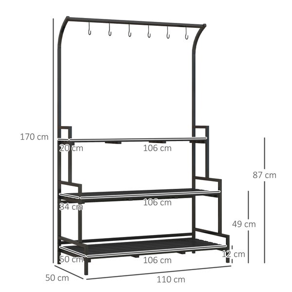Outsunny Pflanzenständer, Blumenständer mit 3 Ebenen, Blumenregal mit 6 Haken, Pflanzentreppe, Pflanzenregal für Garten, Stahl, Schwarz, 110 x 50 x 170 cm