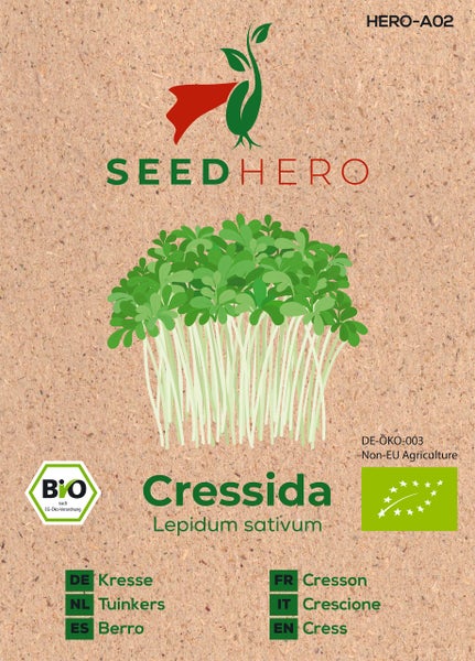 Seedhero Logo, Illustration von Gartenkresse Cressida Lepidium sativum, deutsches Bio-Siegel, Bio-Siegel der Europäischen Union.