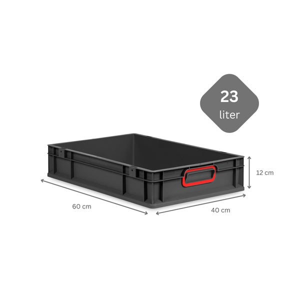 PROREGAL SuperSparSet 8x Eurobox NextGen Color mit Scharnierdeckel und Schiebeschnappverschlüssen, HxBxT 12x40x60cm, 23 Liter, Schwarz, Griffe rot geschlossen, Eurobehälter, Transportbox, Transportbehälter, Stapelbehälter