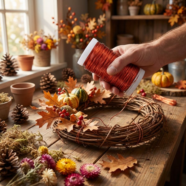 Eine Hand hält eine Spule mit Bindedraht über einem herbstlichen Türkranz aus Zweigen, verziert mit Blättern, Beeren und kleinen Zierkürbissen.