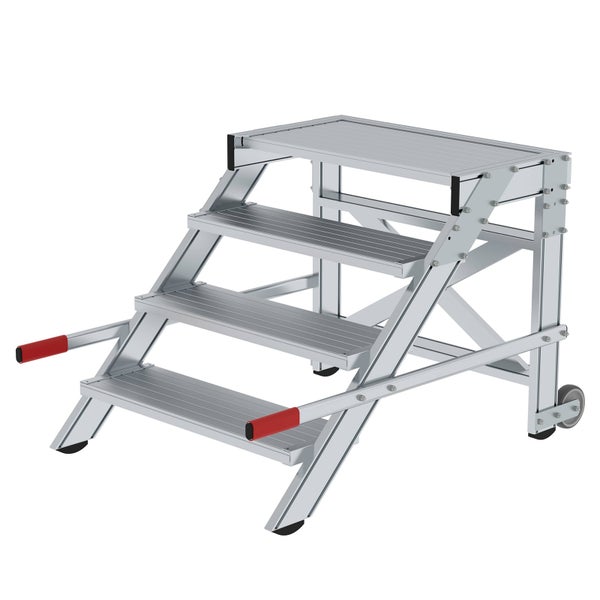 Aluminium Arbeitsbühne mit drei Stufen, Rollen und roten Griffen