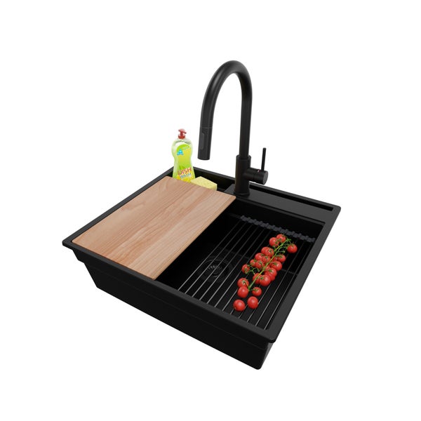 PRIMAGRAN Granitspüle Alles Schwarz 58x53cm, Spülbecken 1 Becken + Küchenarmatur 40x20cm + Ablauf-Set + Küchenzubehörset, Küchenspüle ab 60er Unterschrank - Oslo Pocket