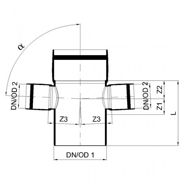 Technische Zeichnung eines Rohr-Doppelabzweigs mit Bemaßungen für Durchmesser, Länge und Winkel.