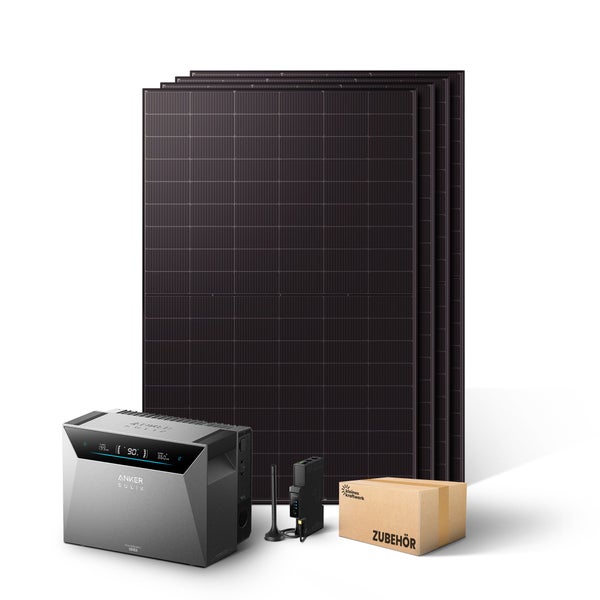 Balkonkraftwerk Set mit vier Solarmodulen, Anker Solix Solarbank Stromspeicher, Smart Meter und Zubehörbox.