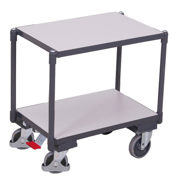 Tischwagen mit zwei Etagen, grauem Stahlgestell, vier Lenkrollen und Feststellbremse.