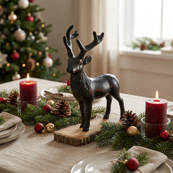 Dekorative Rentierfigur aus Metall als Tischschmuck für die Weihnachtszeit mit Tannenzweigen, Zapfen und Kerzen auf einem festlich gedeckten Tisch.