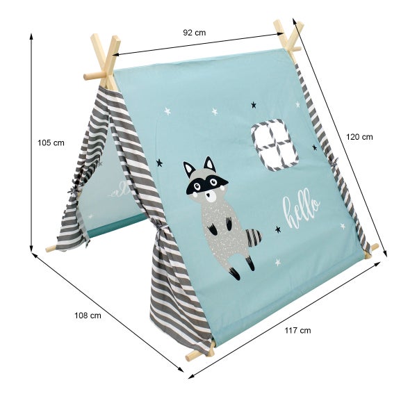 ECD Germany Tipi Spielzelt für Kinder, 108x105x117cm, Indianerzelt Türkis mit Waschbär Motiv, drinnen/draußen, Teepee Kinderzelt mit 2 Türen & einem Fenster, Kinderzimmer Spielhaus für Mädchen/Jungen