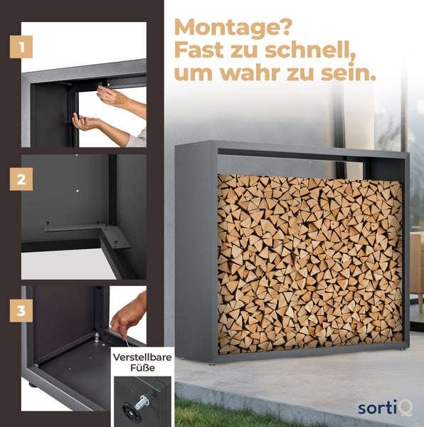 Metall-Kaminholzregal mit Brennholz, Montageanleitung in drei Schritten, verstellbare Füße und sortiQ Logo.